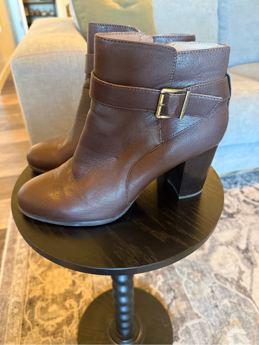 Vionic Ankle Boots Womens Size 9.5 Alison Brown Leather Buckle Block Heel Bootie